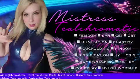Snapshot of tealchromatic chatting on 01-14-25, 11:53 Mistress Teal Chromatic online show from 01-14-25, 11:53
